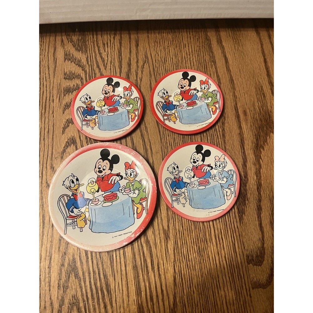 Vintage Disney Children's Tin Tableware: 1 Plate 3 Saucers Mickey Daffy Daisy